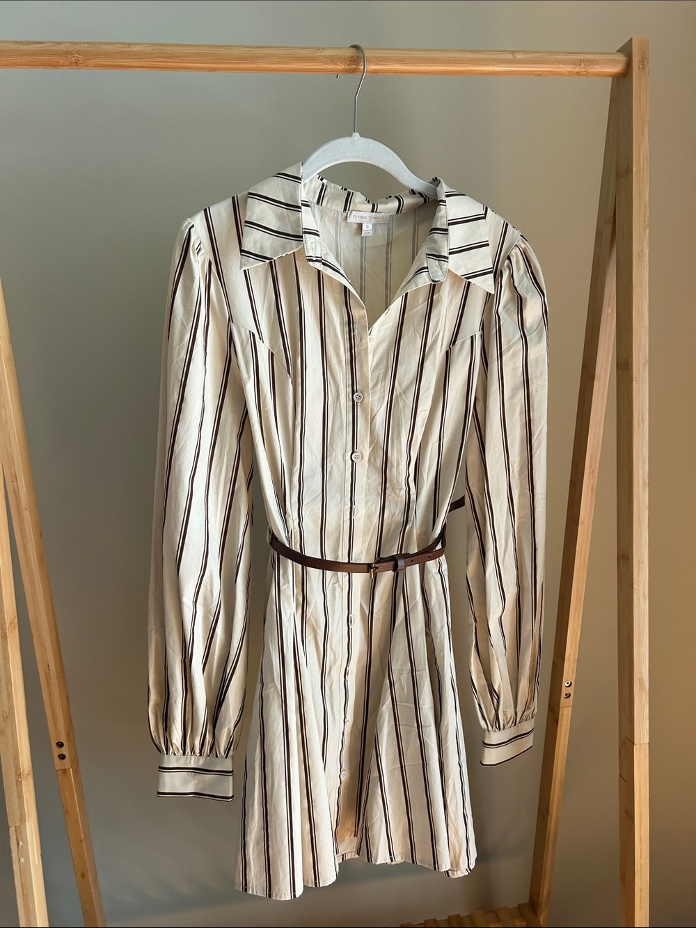 Flying Tomato Cream and Brown Striped Long-Sleeve Shirt Dress